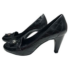 Franco Sarto Leather Black Heels Shiny Closed Toe 3 inch Heels Tassel Dress Shoe
